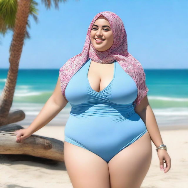 Create an image of a plump woman wearing a hijab and a bikini