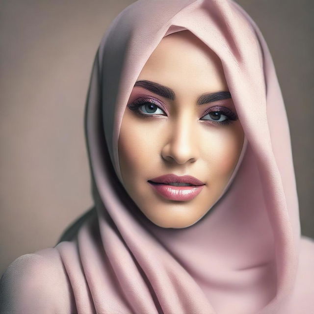 Create an image of a beautiful woman wearing a hijab and a bra