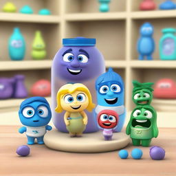 Create an image of a toy named 'Inside Out 2 Jar Playset' featuring characters Joy, Bloofy, Lance, Deep Dark Secret, and Pouchy