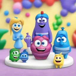 Create an image of a toy named 'Inside Out 2 Jar Playset' featuring characters Joy, Bloofy, Lance, Deep Dark Secret, and Pouchy
