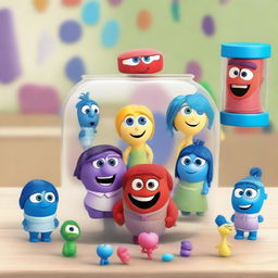 Create an image of a toy named 'Inside Out 2 Jar Playset' featuring characters Joy, Bloofy, Lance, Deep Dark Secret, and Pouchy