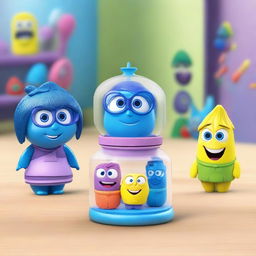 Create an image of a toy named 'Inside Out 2 Jar Playset' featuring characters Joy, Bloofy, Lance, Deep Dark Secret, and Pouchy