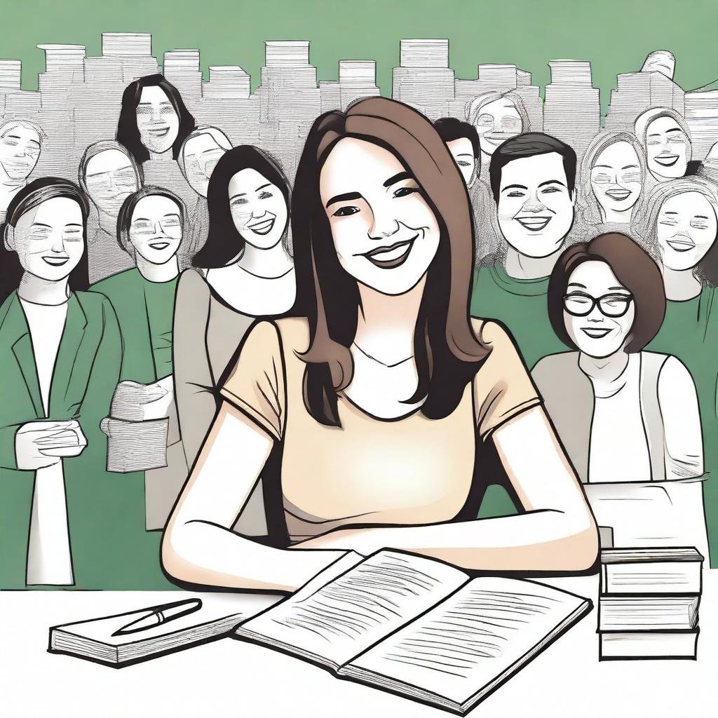 A female author is sitting at a table in front of a large crowd