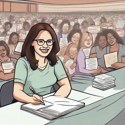 A female author is sitting at a table in front of a large crowd