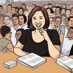 A female author is sitting at a table in front of a large crowd