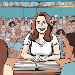 A female author is sitting at a table in front of a large crowd