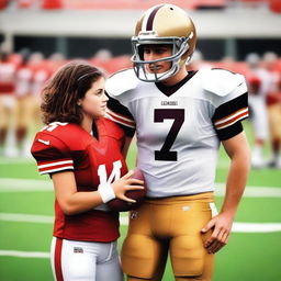 A quarterback player wearing jersey number 17 with brown hair is standing on a football field