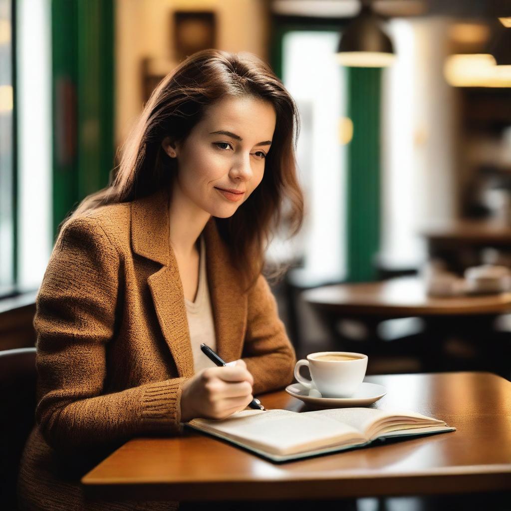 A female author is sitting at a cozy café table, sipping a cup of coffee