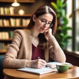 A female author is sitting at a cozy café table, sipping a cup of coffee