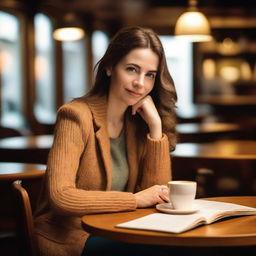 A female author is sitting at a cozy café table, sipping a cup of coffee