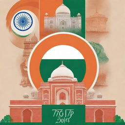 A vibrant and patriotic poster celebrating the 75th Republic Day. Include elements like the national flag, parade, and monuments signifying India