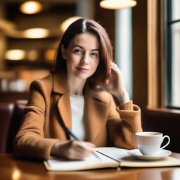 A female author is sitting at a cozy café table, sipping a cup of coffee