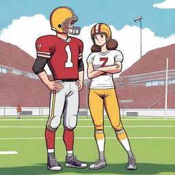 A quarterback player with brown hair, wearing jersey number 17, stands confidently on a football field