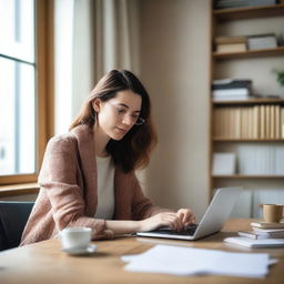 A female author is sitting at a desk, typing on a laptop