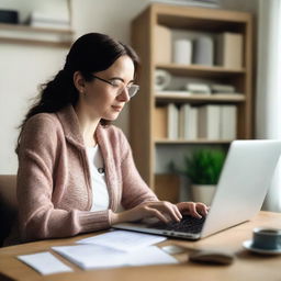 A female author is sitting at a desk, typing on a laptop