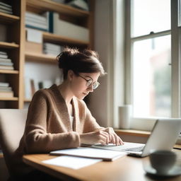 A female author is sitting at a desk, typing on a laptop