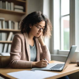 A female author is sitting at a desk, typing on a laptop