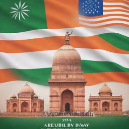 A vibrant and patriotic poster celebrating the 75th Republic Day. Include elements like the national flag, parade, and monuments signifying India