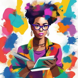 A funky female author is depicted with a confident and creative aura