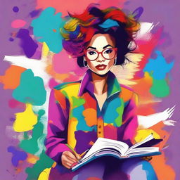 A funky female author is depicted with a confident and creative aura