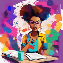 A funky female author is depicted with a confident and creative aura