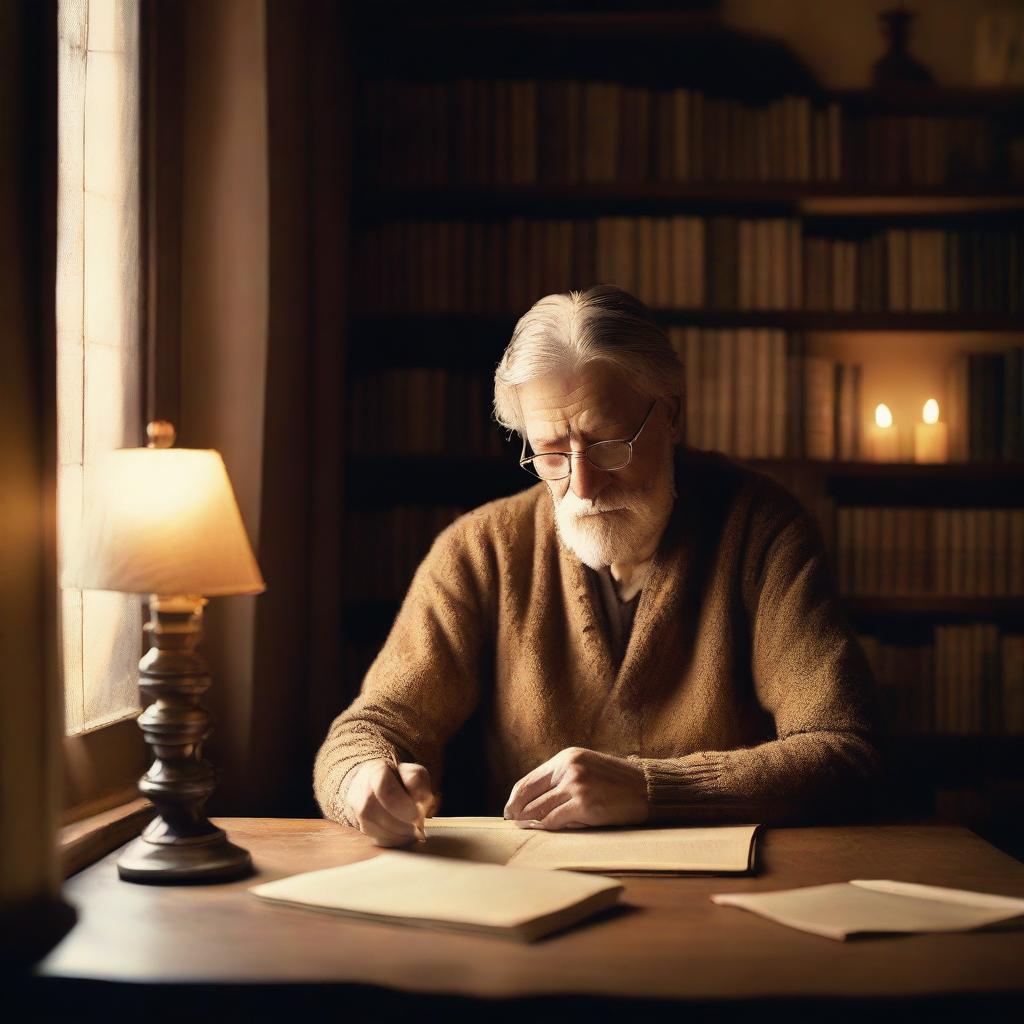 An author is sitting at a wooden desk in a cozy study, surrounded by shelves filled with books