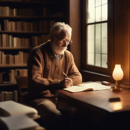 An author is sitting at a wooden desk in a cozy study, surrounded by shelves filled with books