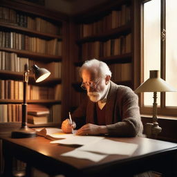 An author is sitting at a wooden desk in a cozy study, surrounded by shelves filled with books