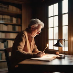 An author is sitting at a wooden desk in a cozy study, surrounded by shelves filled with books