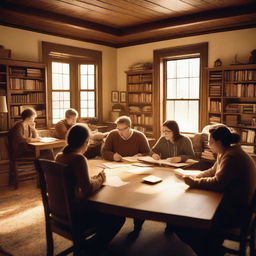 A group of writers is gathered around a large wooden table in a cozy, well-lit room filled with bookshelves