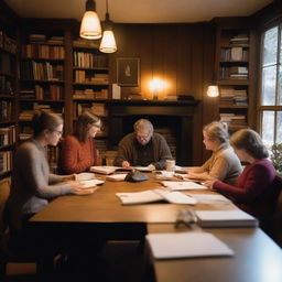 A group of writers is gathered around a large wooden table in a cozy, well-lit room filled with bookshelves