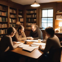 A group of writers is gathered around a large wooden table in a cozy, well-lit room filled with bookshelves