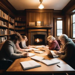 A group of writers is gathered around a large wooden table in a cozy, well-lit room filled with bookshelves