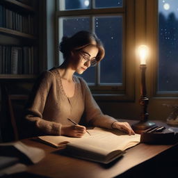 A female author is deeply engrossed in writing at a vintage desk in a cozy study, surrounded by books, with a warm lamp light and a serene night sky outside