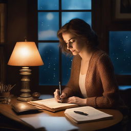 A female author is deeply engrossed in writing at a vintage desk in a cozy study, surrounded by books, with a warm lamp light and a serene night sky outside