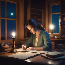 A female author is deeply engrossed in writing at a vintage desk in a cozy study, surrounded by books, with a warm lamp light and a serene night sky outside