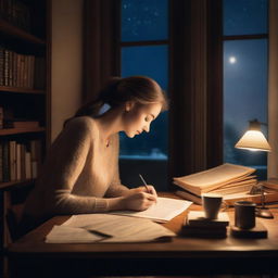 A female author is deeply engrossed in writing at a vintage desk in a cozy study, surrounded by books, with a warm lamp light and a serene night sky outside