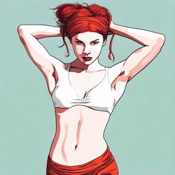 A fit red-headed girl wearing a red hair band, depicted in a tasteful and artistic manner