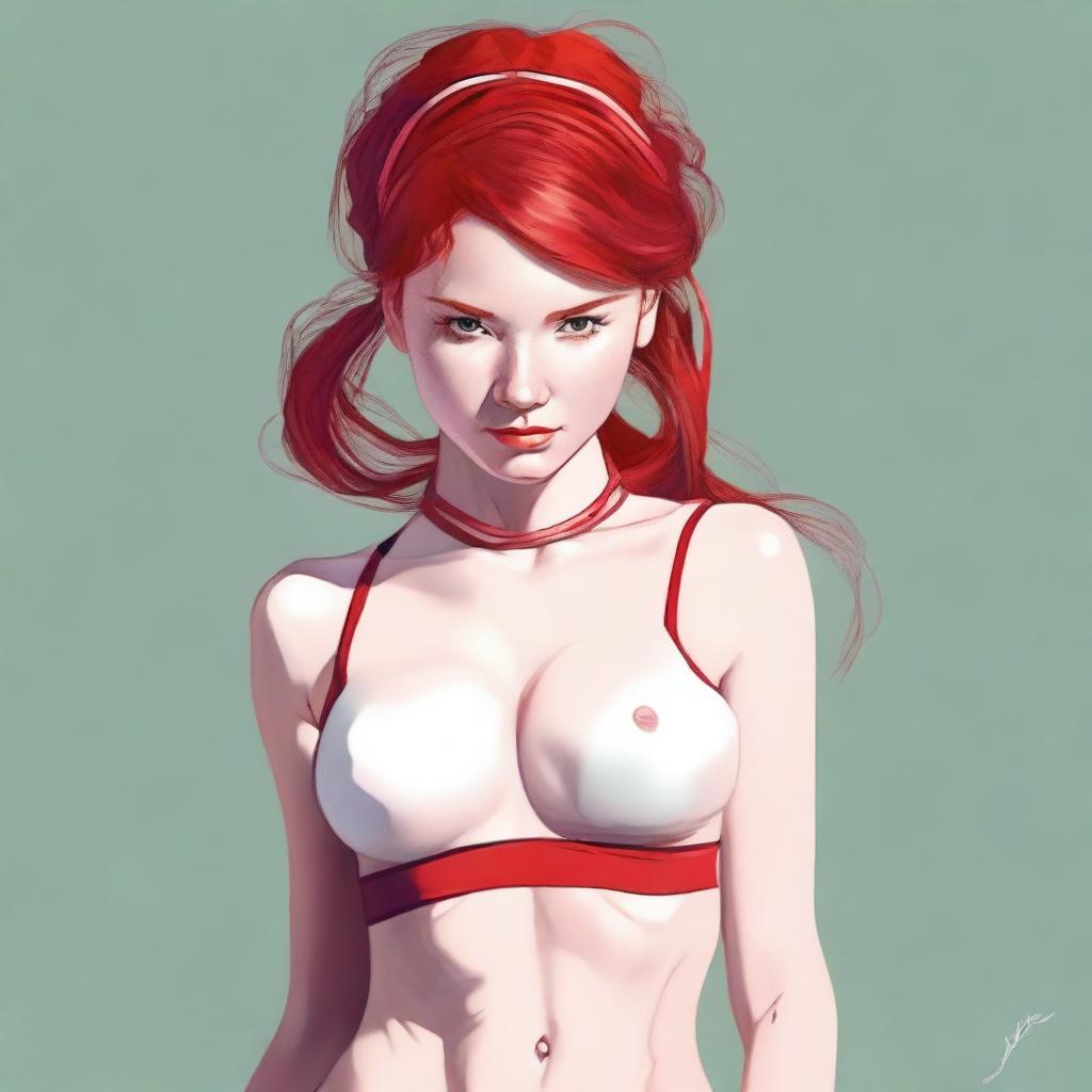 A fit red-headed girl wearing a red hair band, depicted in a tasteful and artistic manner