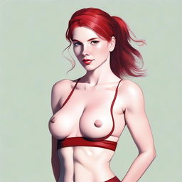 A fit red-headed girl wearing a red hair band, depicted in a tasteful and artistic manner