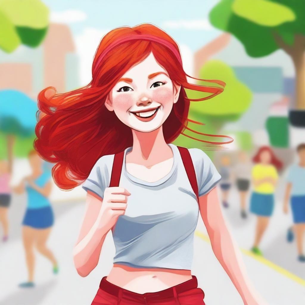 Create an image of a cheerful and vibrant scene featuring a red-headed girl wearing a red hair band