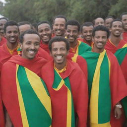 A group of Habesha men proudly wearing the Ethiopian flag colors, their bright smiles accentuating the vibrant red, green, and gold of their attire.