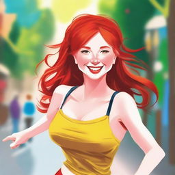 Create an image of a cheerful and vibrant scene featuring a red-headed girl wearing a red hair band