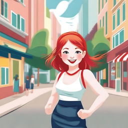 Create an image of a cheerful and vibrant scene featuring a red-headed girl wearing a red hair band