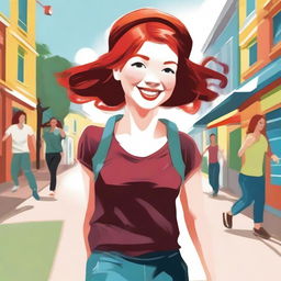 Create an image of a cheerful and vibrant scene featuring a red-headed girl wearing a red hair band