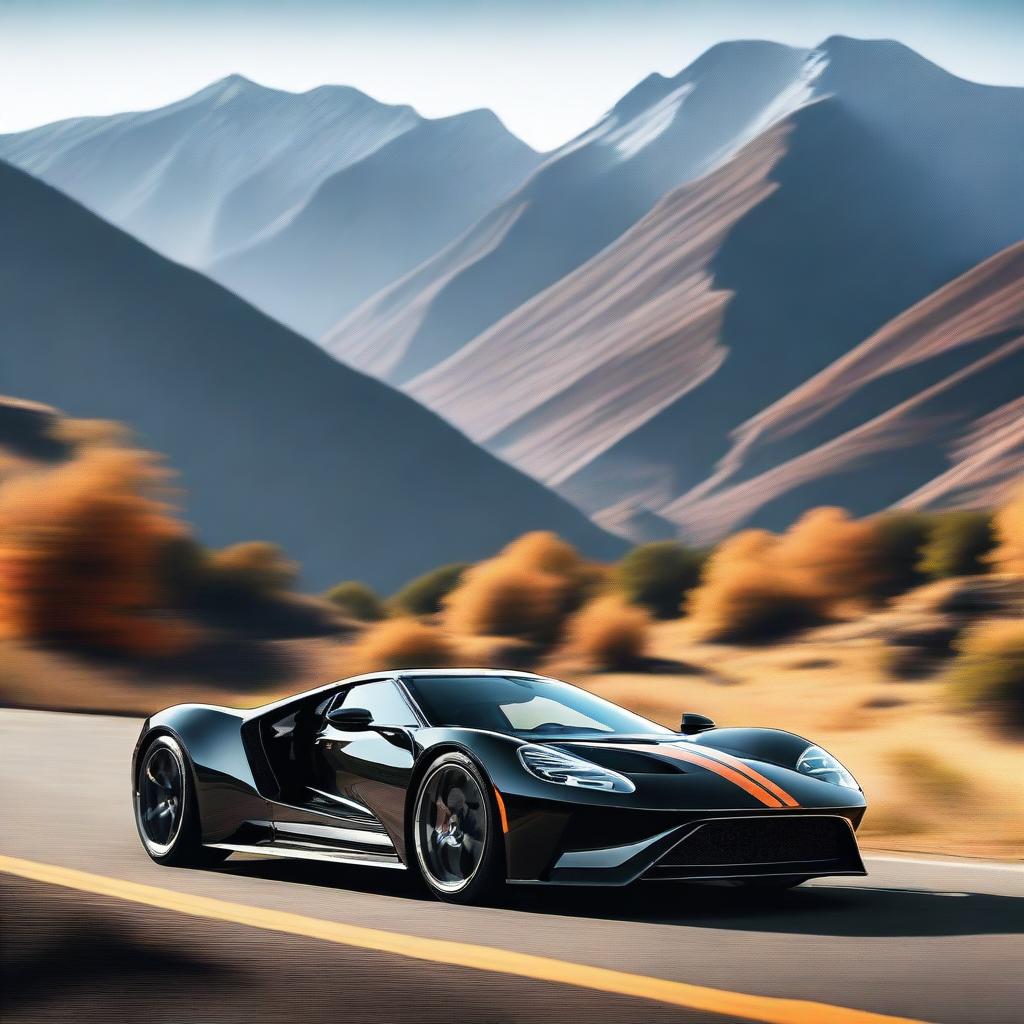 Create an image of the side view of a black Ford GT with orange stripes driving on a mountainside