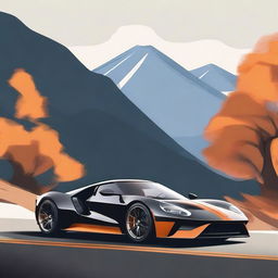 Create an image of the side view of a black Ford GT with orange stripes driving on a mountainside