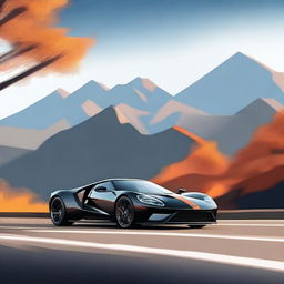 Create an image of the side view of a black Ford GT with orange stripes driving on a mountainside