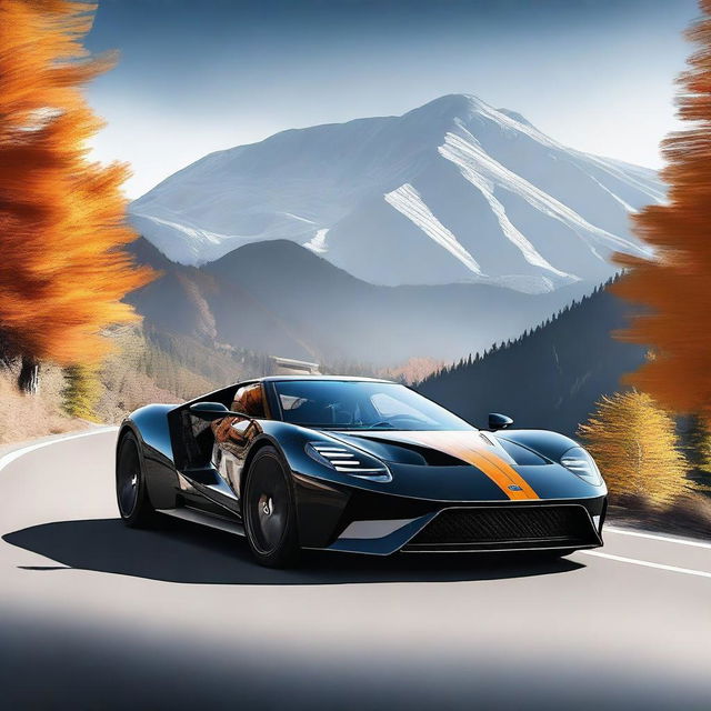 Create an image of the side view of a black Ford GT with orange stripes driving on a mountainside