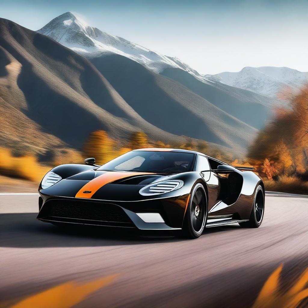 Create an image of the full side view of a black Ford GT with orange stripes driving on a mountainside